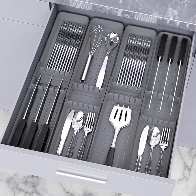 Kitchen Drawer Silverware Organizer, Adjustable Cutlery Organizer, Expandable Utensils Holder, Silverware Dividers Tray, Storage for Flatware, Large Drain Board (Gray,2 Sets)