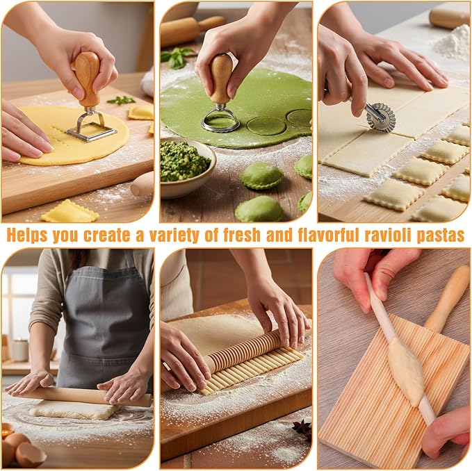 7 Pcs Gnocchi Pasta Making Tools kit Wooden Threaded Rolling Pin Ravioli Stamp Pasta Dumpling Noodle Maker Cutter Homemade Kitchen Gift for Baking Lovers Kitchen DIY