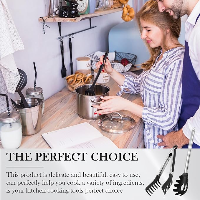 Silicone Spaghetti Spoon & Pasta Tong, Non-Stick Stainless Steel Handle Pasta Fork Set with Teeth, Food Clip for Spaghetti Noodle