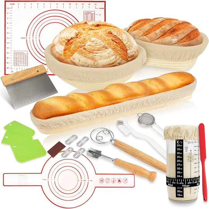 Sourdough Starter Kit, Banneton Bread Proofing Basket, Sourdough Bread Baking Supplies-Sourdough Starter Jar& 9" Round & 10" Oval & 17" Baguette Sourdough Proofing Basket, Sourdough Banneton Bowls