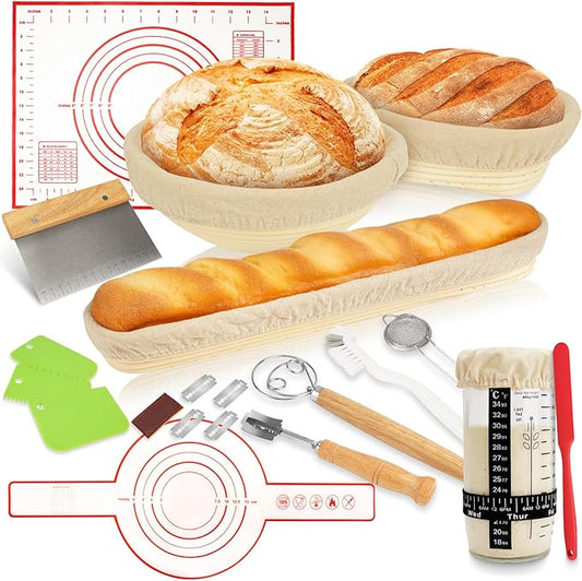 Sourdough Starter Kit, Banneton Bread Proofing Basket, Sourdough Bread Baking Supplies-Sourdough Starter Jar& 9" Round & 10" Oval & 17" Baguette Sourdough Proofing Basket, Sourdough Banneton Bowls