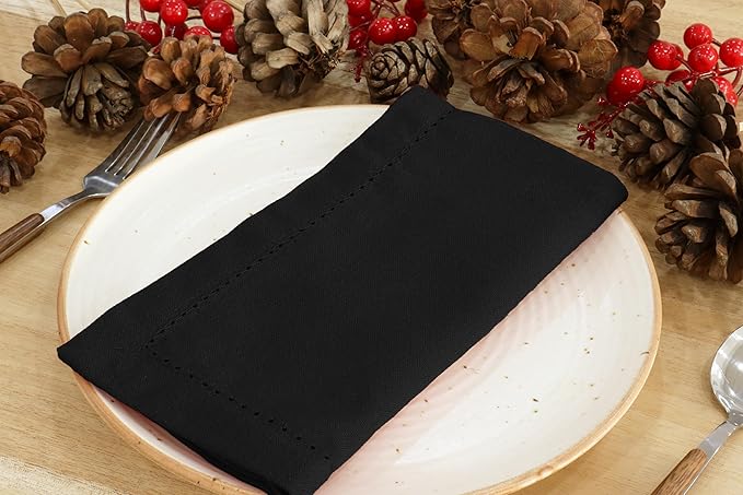 PurpleEssences Set of 12 Hemstitch Cloth Dinner Napkins 100% Cotton - Soft Durable Washable - Ideal for Wedding Christmas Holiday Winter - Perfect Everyday Use Table Linen 18x18 - Black