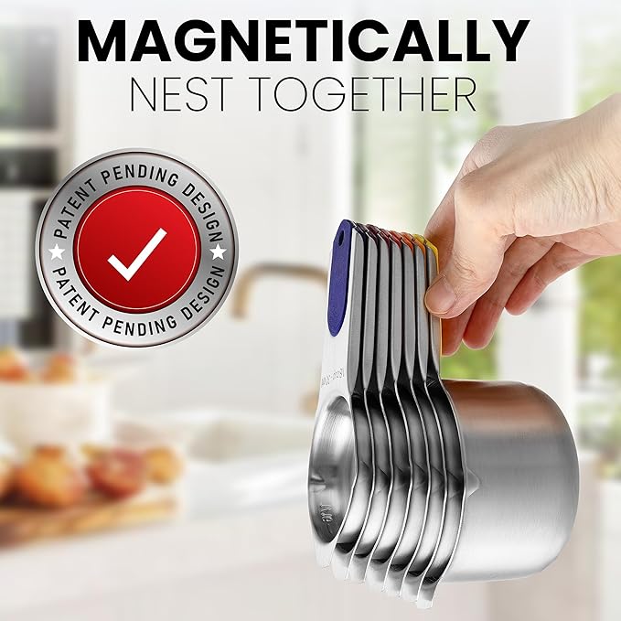 Spring Chef Magnetic Stainless Steel Measuring Cups, Patented, Kitchen Tools with Easy to Read Markings for Measuring Dry or Liquid Ingredients, Set of 7, Mountain Sunrise
