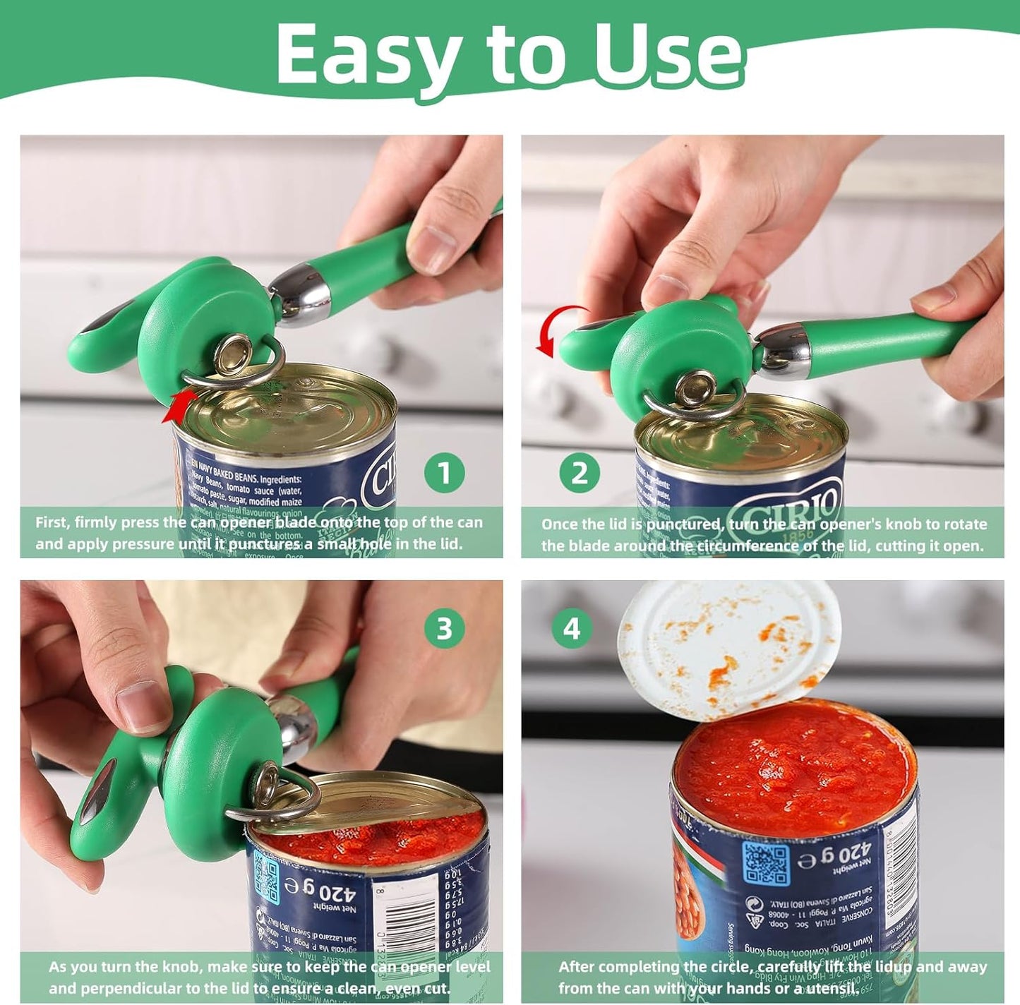 Can Opener Manual Tin Opener Stainless Steel Heavy Duty, Oversized Hand-held Easy Rotary Knob, Safe Cut Manual Can Opener with Non-Slip Handle, Smoother Cut Sharp Blade for Seniors Kitchen Tool, Green