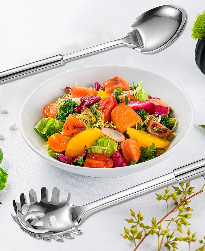 Large Cooking Spoon and Pasta Fork Set, 2 Pack Stainless Steel Serving Spoon, Heat Resistant Kitchen Noodle Spoon for Cooking, Serving, Mixing and Spaghetti