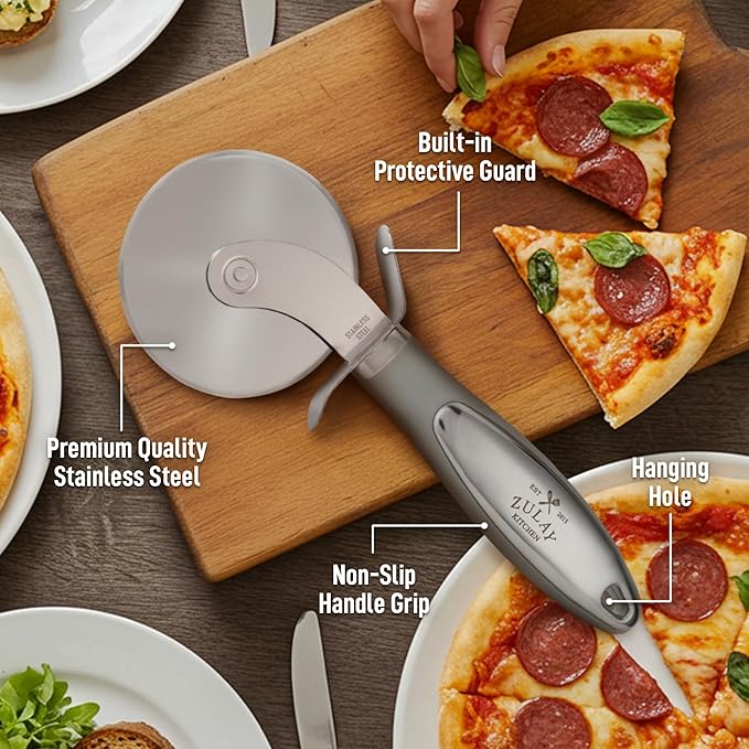 Zulay Kitchen Premium Pizza Cutter - Durable Stainless Steel Pizza Cutter Wheel - Easy-to-Clean, Easy-to-Use Pizza Slicer - Super Sharp with Non-Slip Handle - Dishwasher Safe Pizza Wheel (Grey)