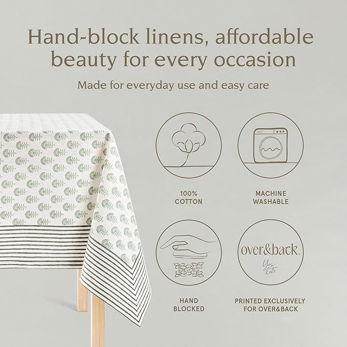 over&back Hand-Screened Tablecloth - Dining Table Cover - Each Tablecloth is Unique - 100% Cotton - Machine Washable - Kitchen and Home Decor - Green Flower - 70x90