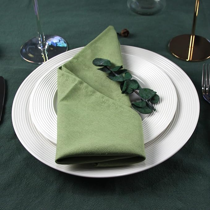 Solid Color Linen Blended Thin Dinner Cloth Napkins - Set of 12 (40 x 40 cm) - for Events & Home Use (Multi Green)