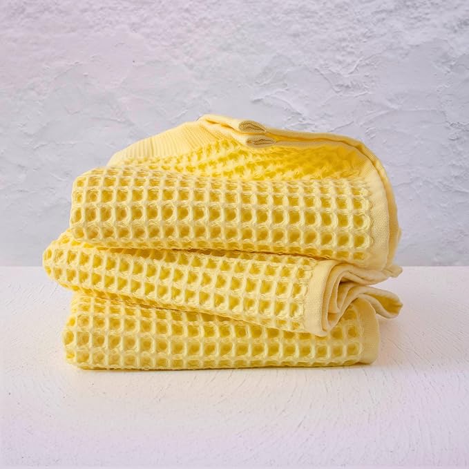 PÜSKÜL Organic Waffle Kitchen Towel 100% Turkish Cotton Set of 3 Yellow - Premium Quality, Soft, Quick-Dry, Absorbent, Lint-Free Hand Towels 32X16 Inches (3, Light Yellow)