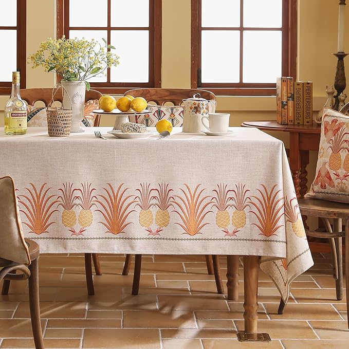 patdrea Designer Orange Tablecloth for Rectangle Tables,Pineapple Tree Pattern Linen Tablecloth,Tropical Style Fruit Table Cover Cloth Decor for Kitchen Dining Christmas,63"*87"