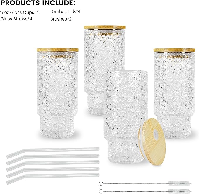 4 Pcs 16oz Drinking Glasses Cups Set with Bamboo Lids Straws Brush Begonia Vintage Glassware Set for Juice Iced Coffee Beer Cocktail Whiskey