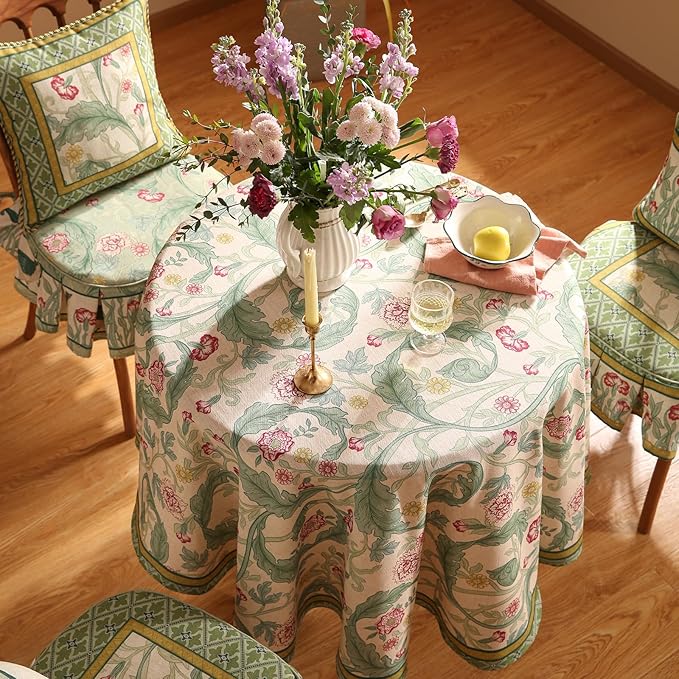 patdrea Designer Green Tablecloth for Round Tables,Vintage Linen with Leaves and Flowers Pattern Tablecloths,Farmhouse Floral Table Cover Cloth Decor for Kitchen Dining Christmas,Diameter 67"