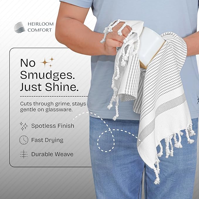 Ash Grey Turkish Kitchen Towels 16x26 Inch, 5 Pack, 100% Cotton, Ultra Absorbent, Soft, Fast Dry, Machine Washable, Dish Towel with Tassels for Drying Dishes, Cleaning, Everyday Use