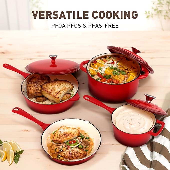 MAISON ARTS Enamel Cast Iron 7 Piece Cookware Set, Heavy Duty Dutch Ovens Pot with Lid, Red Non Stick Pots and Pans Sets, Oven Safe up to 500°F