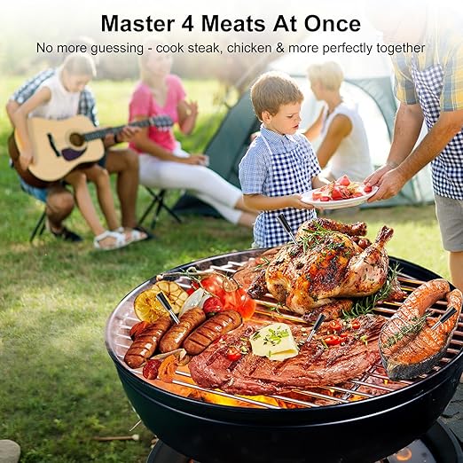 4 Probes Wireless Meat Thermometer, Bluetooth Digital Food Thermometer for BBQ, Grill, Oven, Smoker, Long Range and Rechargeable Base with Real-time Alerts, Cooking Gifts for Men