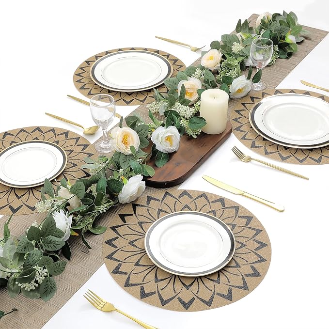 SHACOS 15 inch Round Vinly Placemats Set of 6 Boho Flower Print Place Mats Wipeable Non Slip Stain Heat Resistant Woven Table Mats Indoor Outdoor (6, Round Flower Black)