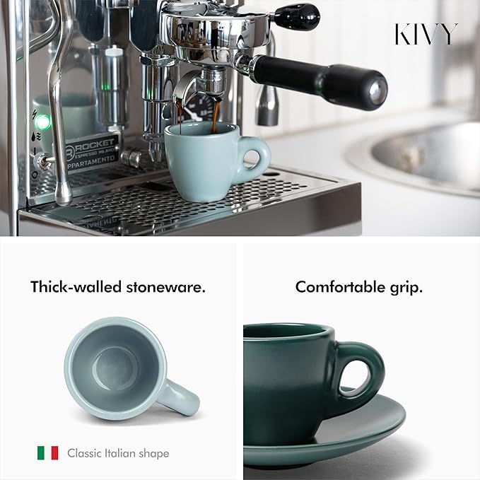 KIVY Espresso Cups Set of 4 [Set 4x 3oz]- Espresso Set Thick Walled Stoneware Espresso Cup Set - Italian Style Espresso Cups and Saucers - Coffee Mugs - Pastell Green, Blue