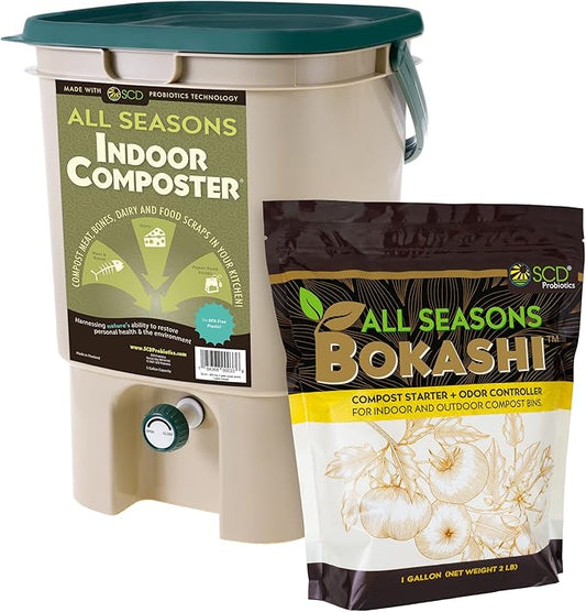 All Seasons Indoor Composter Starter Kit – 5 Gallon Tan Compost Bin For Kitchen Countertop With Lid, Spigot & 1 Gallon (2 lbs.) Bag Of Dry Bokashi Bran – by SCD Probiotics