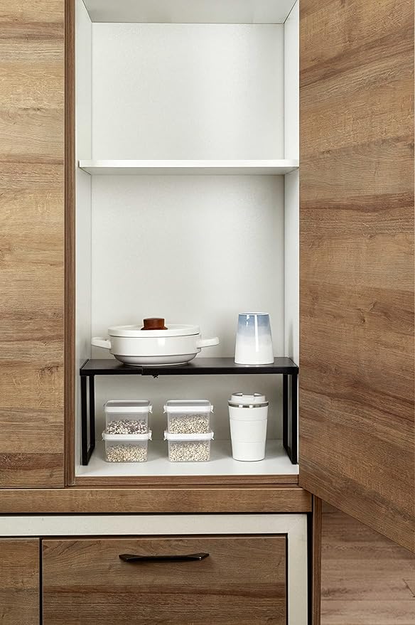 Nxconsu Cabinet Shelf Expandable Organizer Riser Rack for Kitchen Pantry Cupboard Under Sink Countertop Home Organization Extra Storage Space Saver Heavy Duty Metal Edgeless Design Black Large