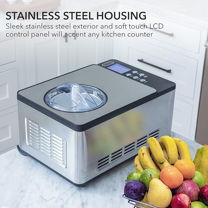 Whynter Ice Cream Maker Machine & Yogurt Automatic 2 Qt. with Built-In Compressor, LCD Digital Display & Timer, No Pre-Freezing, ICM-220SSY, Stainless Steel