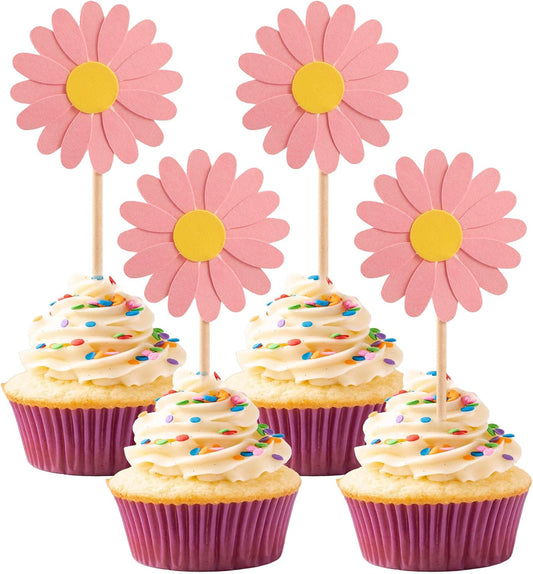 24Pcs Daisy Cupcake Toppers Daisy Flower Party Picks Spring Daisy Toothpicks Chrysanthemum Food Picks Girls Baby Shower Birthday Wedding Party Decorations Pink