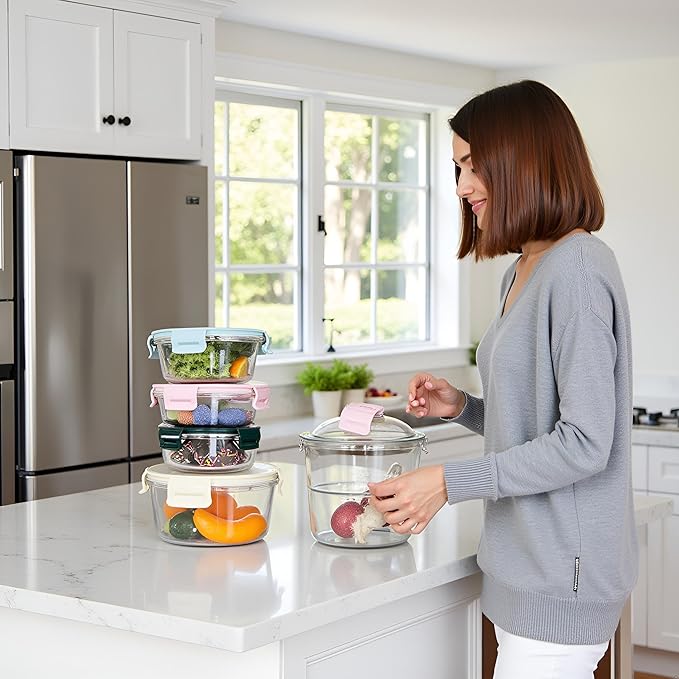 12OZ Round Glass Food Storage Containers With Lids, 1.5 Cup Round Meal Prep Containers with Lid BPA-Free, Small Glass Food Bowl for Soup Leftover, Microwave, Dishwasher, Freezer Safe-4 Pack