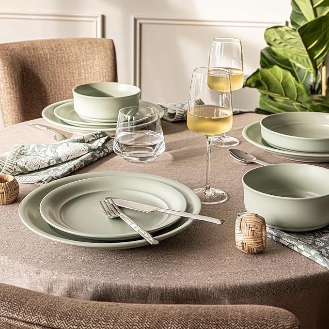 over&back Rim Dinnerware Set - Stoneware Dishes - Comes with 4 Dinner Plates, Salad Plates, Cereal Bowls, and Dinner Bowls - 16-Piece All-Occasion Place Settings - Serves Four - Semi-Matte Sage
