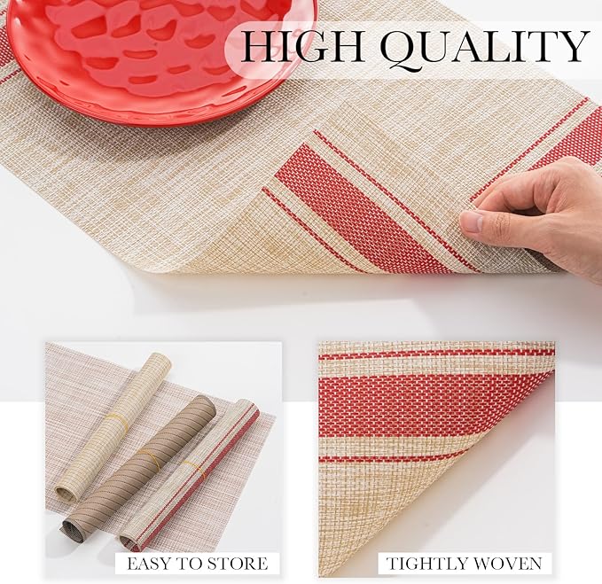 BACKTOEDEN Placemats Set of 6 Heat Resistant Washable Wipeable Placemat Woven Non-Slip Foldable Vinyl/Plastic Place Mats Indoor/Outdoor Mat Kitchen Dining Table Pad, Red Skyline