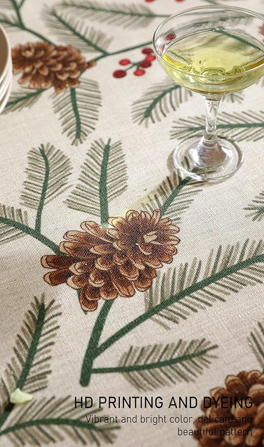 Christmas Tablecloth for Rectangular Tables,Linen Table Cloth with Leaves and Pinecones Pattern,Heavy Durable Table Cover for Dining Thanksgiving Kitchen Party Banquet Christmas,67"*118"