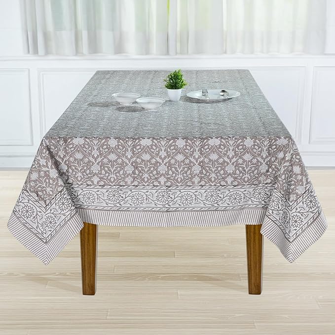 Ridhi Taupe 60x60 Inches Square Indian Hand Block Floral Printed Pure Cotton Cloth Tablecloth, Farmhouse Outdoor Wedding Restaurant Party Home Spring Fall