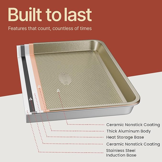 BAKKEN Kitchen Baking Pans - Nonstick White Coating, 13.58’’ × 9.65’’ Commercial Grade Carbon Steel Cookie Sheet, Diamond Texture Bottom, PFOA, PFOS, PTFE Free, Oven Safe Tray (450°F), White Marble