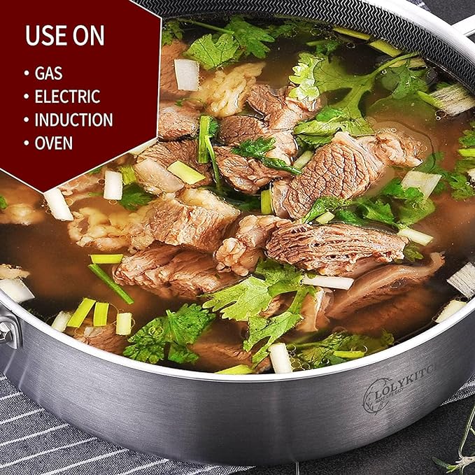 LOLYKITCH Tri-Ply Stainless Steel 10 Inch Non-Stick Sauté Pan with Lid,Induction Deep Cooking Pan, Dishwasher and Oven Safe