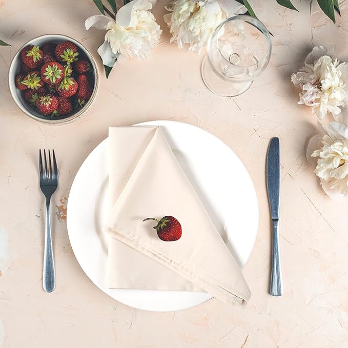 Ramanta Home Set of 12 Polyester Cloth Napkins 18x18 Inches - Washable Dinner Napkins with Hemmed Edges for Weddings, Thanksgiving, Hotel - Soft Durable Table Linen for Parties or Everyday Use - Beige