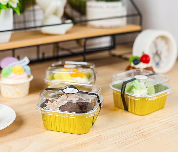 60 Pack Mini Cake Pans with Lids Square Mini Aluminum Pans Pie Tins Flan Containers for Wedding Birthday Party Gift (5OZ, Gold)