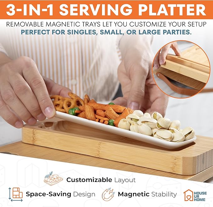 Bamboo Charcuterie Boards Gift Set with Magnetic Removable Side Trays, Fruit Tray, Handles, Cutlery-Ready Box & House Warming Gifts New Home