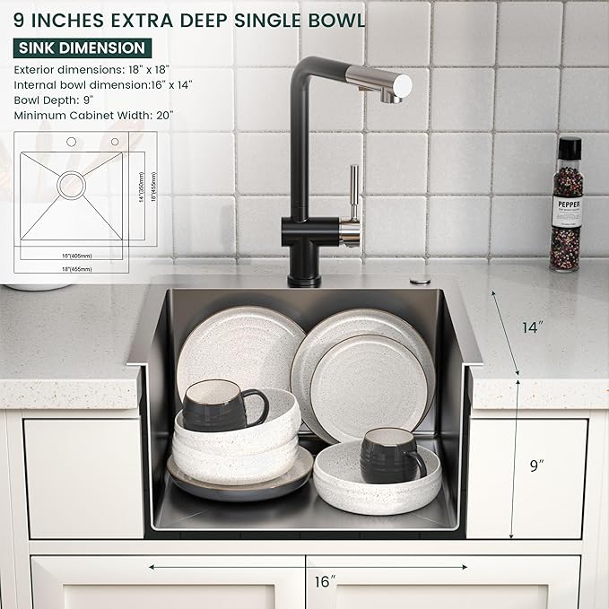 TORVA 18 Inch Kitchen Sink, 16 Gauge Stainless Steel Bar Sink Topmount Single Bar/Prep Basin, 9 Inches Deep