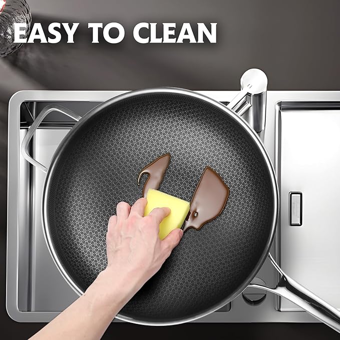 Wok, 13 Inch Hybrid Woks & Stir-fry Pans Nonstick, Non Toxic Stainless Steel Wok Pan with Lid, Dishwasher Induction Oven Broiler Safe, PFOA Free Cookware Non Stick