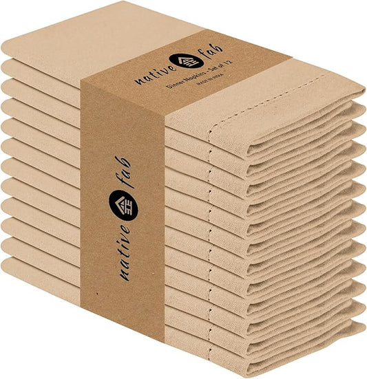 Native Fab Cotton Cloth Napkins, 18 x 18 inch, Set of 12, Hemstitch Tailored Corners, Soft, Absorbent, Washable Fabric, Table Napkins for Fall, Thanksgiving, Holiday, Dinner, and Everyday Use - Beige