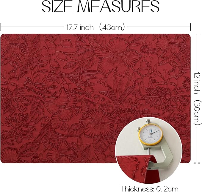 Romanstile Vinyl Placemats Set of 4-12 X 18 Inch - Heat Resistant Non-Slip Embossed Floral Place Mats 100% Waterproof Oilproof Wipeable Faux Leather Table Mats for Kitchen/Dining/Party, Red