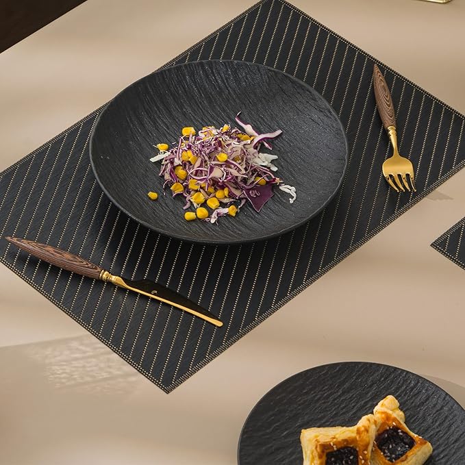 BACKTOEDEN Placemats Set of 8 Heat Resistant Washable Wipeable Placemat Woven Non-Slip Foldable Vinyl/Plastic Place Mats Indoor/Outdoor Mat Kitchen Dining Table Pad, Black Twill