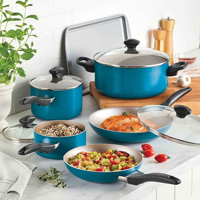 Farberware 20361 Dishwasher Safe Nonstick Cookware Set / Pots and Pans Set - 15 Piece, Blue
