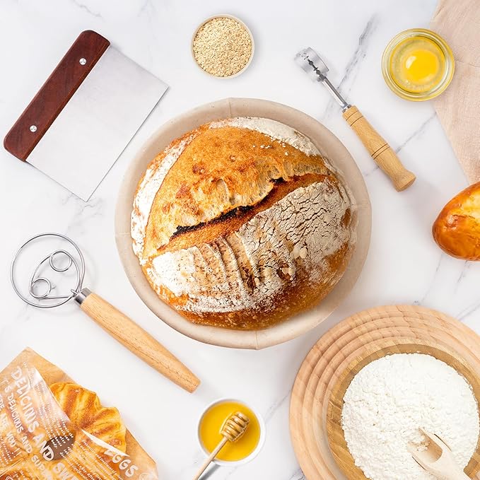 Banneton Bread Proofing Basket, Round 10 Inch Sourdough Starter Kit, Sourdough Bread Baking Supplies with Sourdough Proofing Basket Danish Dough Whisk Scoring Lame Dough Scraper Bread Bag with Sticker