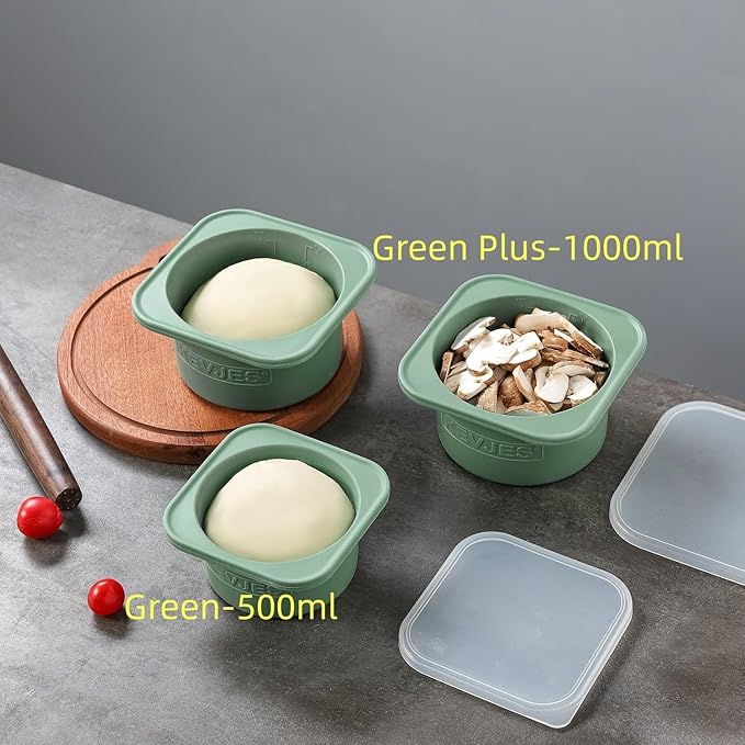 PLUS-1000ml Pizza Dough Proofing Box for DIY Artisan Pizza, Food Grade Silicone Stackable Containers with Lids. Freezer, Fridge, Dishwasher Safe (2Green Plus+2Space Grey Plus)
