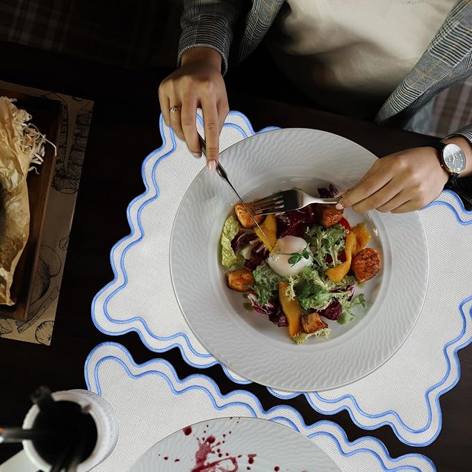 12 Set Linen Placemat 13x19 Wavy Embroidery Scalloped Placemat Double Layered Washable Farmhouse Dinner Table Mat Fabric Napkin for Christmas Hotel Restaurant Wedding Party(Sky Blue)