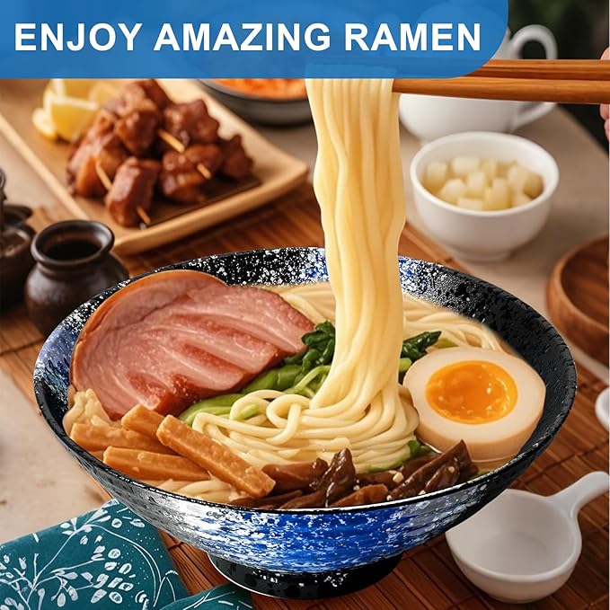 8-Inch Ceramic Ramen Bowl Set of 2 (9 Piece) - Porcelain Japanese Salad Noodles Cereal Fruit Pasta Soup Large Bowls with Recipes Chopsticks Forks Spoons for Men Women Gift Microwave & Dishwasher Safe