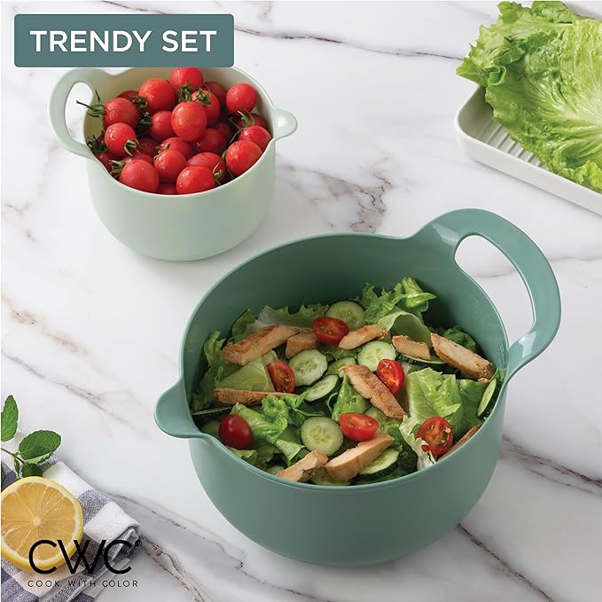 COOK WITH COLOR Nesting Plastic Mixing Bowl Set with Pour Spouts and Handles, Sage, 6 Piece Non-Slip