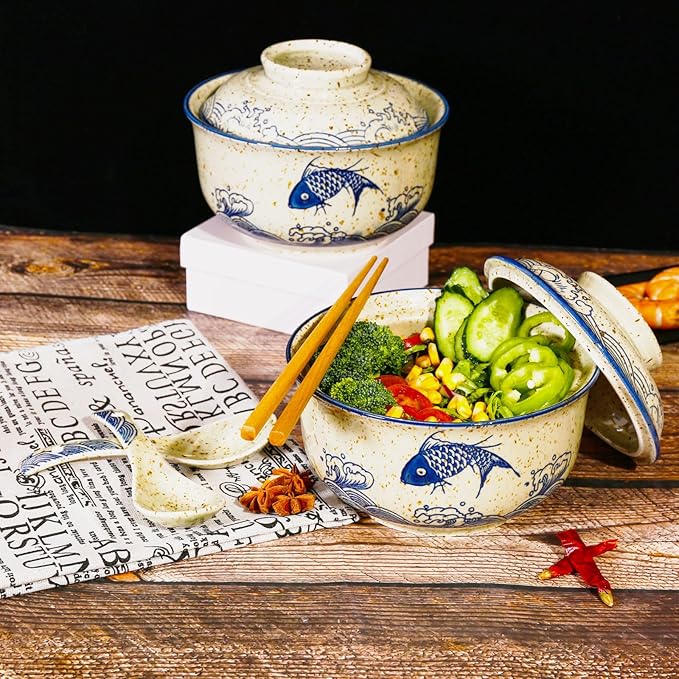 Ceramic Ramen Bowl Set, 800ml, with Lid, Spoon and Chopsticks, Japanese Vintage Large Soup Bowls Instant Noodle Bowl Asian Tableware (Fish*1)