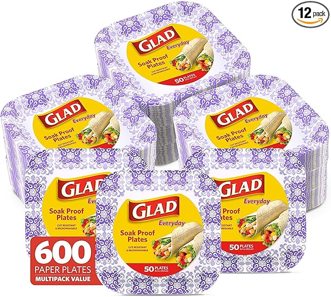 Glad Square Disposable Paper Plates, Purple Victorian Pattern - Strong, Sturdy, Soak Proof, and Microwavable Decorative Plates for Dinner and Everyday Use, 8.5 Inch, 50 Count - 12 Pack