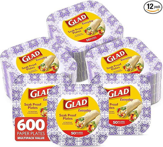 Glad Square Disposable Paper Plates, Purple Victorian Pattern - Strong, Sturdy, Soak Proof, and Microwavable Decorative Plates for Dinner and Everyday Use, 8.5 Inch, 50 Count - 12 Pack