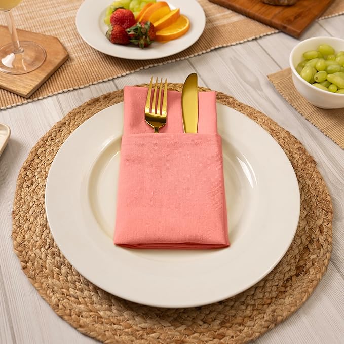 Blue Needles Solid Cloth Napkins Set of 6 Salmon 100% Cotton Dinner Napkins 18x18 inches - Soft, Reusable, Absorbent & Washable Fall Thanksgiving Linen, Ideal for Events, Parties & Everyday Use